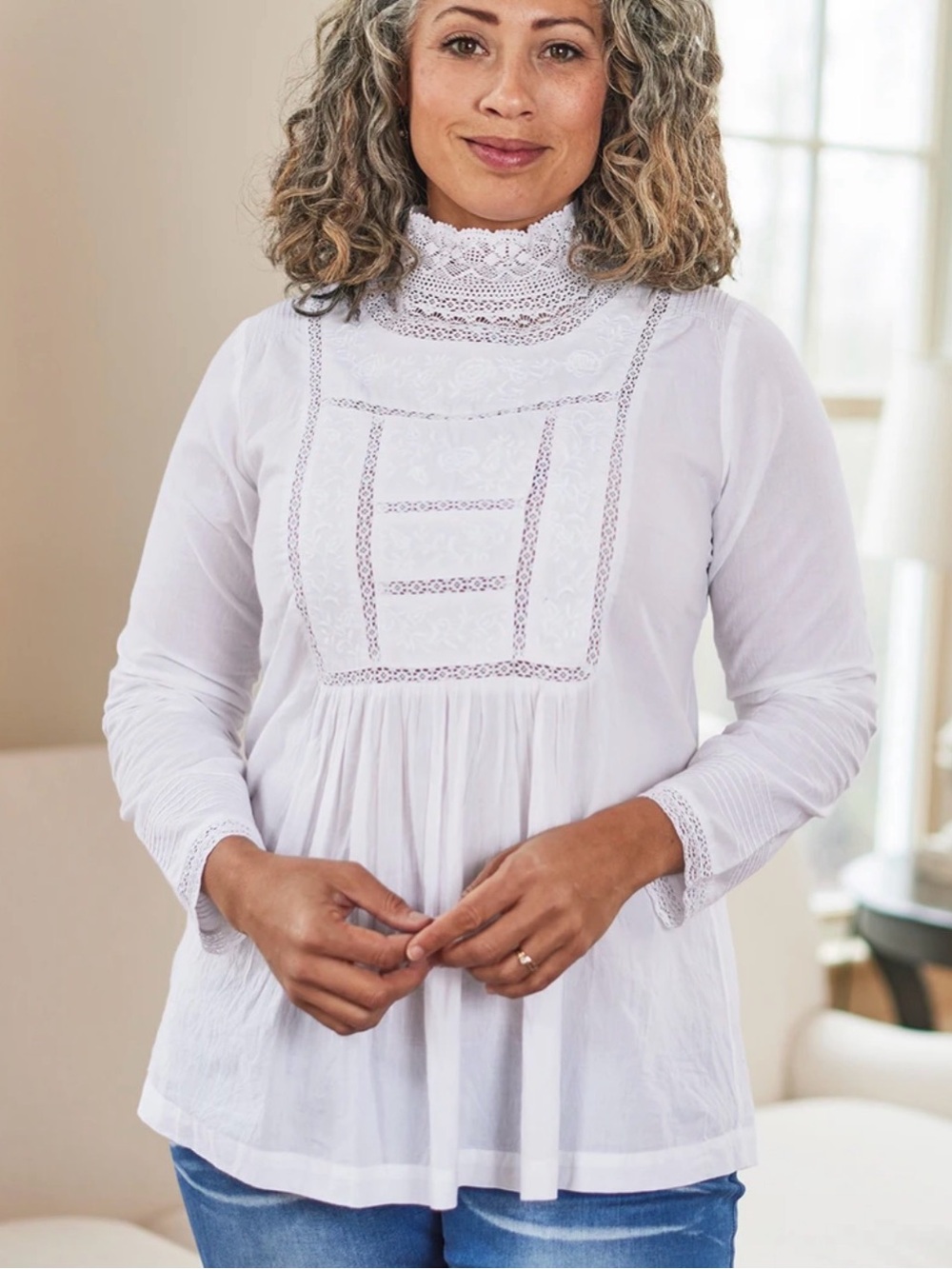 April Cornell Heirloom Blouse - White Lace Yoke Peasant Blouse NWT M
